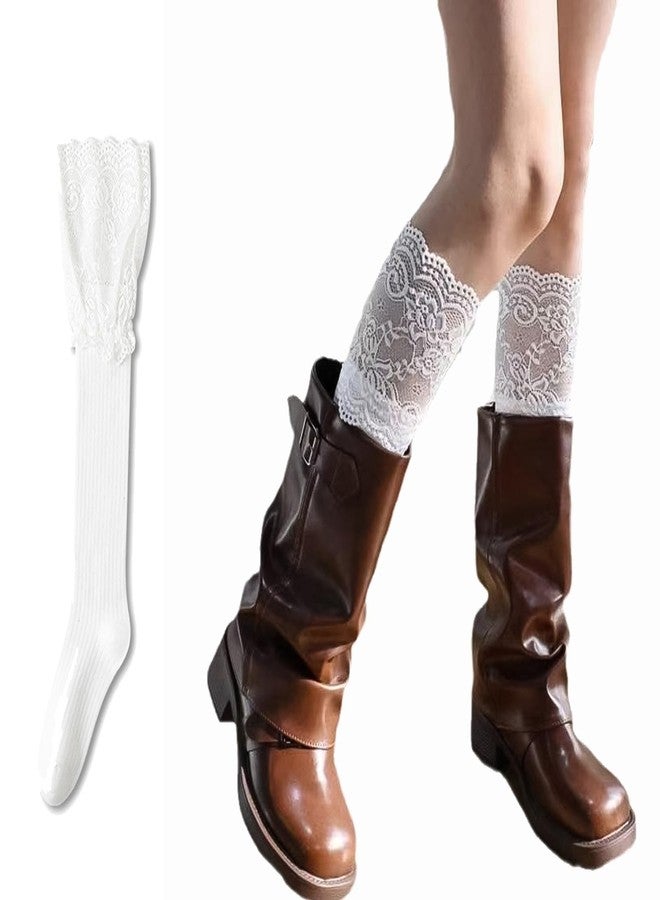 Moonlik Knee High Lace Boot Socks Women White Tall Leg Warmers, Long Y2K Stockings for Autume and Winter-1 Pair - Image 1